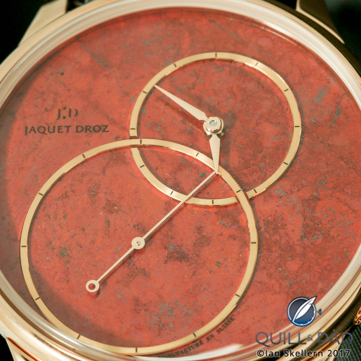 Close up look at the dial of the Jaquet Droz Grande Seconde Off-Centered Cuprite for Only Watch 2017