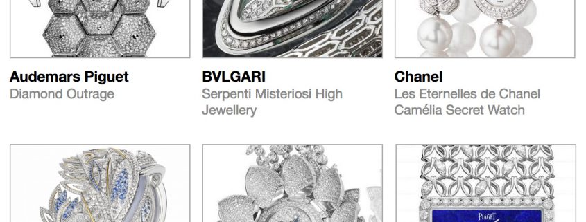 The pre-selected Jewellery watches for the 2017 edition of the GPHG are shown in the image above clockwise from top left: Audemars Piguet Diamond Outrage, Bulgari Serpenti Misteriosi High Jewelry, Chanel Les Eternelles de Chanel Camélia Secret Watch, Chaumet Frise Divine, Chopard Lotus Blanc, and Piaget Hide & Seek Manchette.