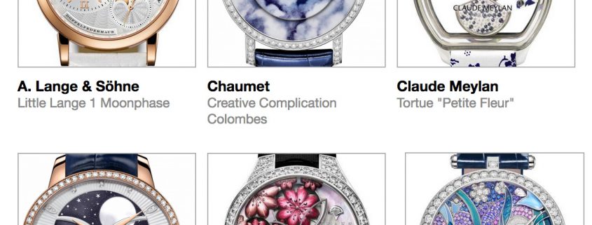 Pre-selected Ladies High-Mech watches for the 2017 GPHG are, clockwise from top left above: A. Lange & Söhne Little Lange 1 Moonphase, Chaumet Creative Complication Colombes, Claude Meylan Tortue Petite Fleur, Girard-Perregaux Cat’s Eye Celestial, Graff Mastergraff Floral Tourbillon, and Van Cleef & Arpels Lady Arpels Papillon Automate
