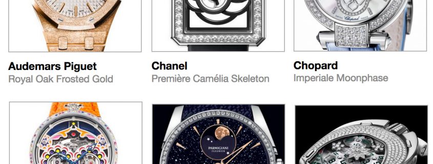 Pre-selected Ladies watches for the 2017 GPHG: clockwise from top left Audemars Piguet Royal Oak Frosted Gold, Chanel Première Camélia Skeleton, Chopard Imperiale Moonphase, Fiona Krüger Petit Skull (Celebration) Eternity, Parmigiani Fleurier Tonda Métropolitaine Selene, and Urwerk UR-106 Flower Power