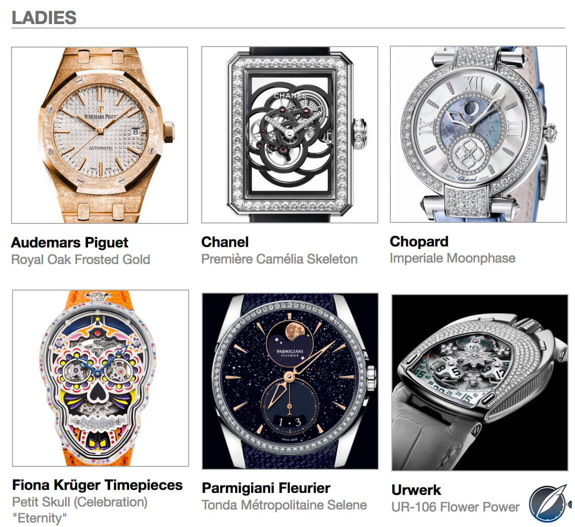 Pre-selected Ladies watches for the 2017 GPHG: clockwise from top left Audemars Piguet Royal Oak Frosted Gold, Chanel Première Camélia Skeleton, Chopard Imperiale Moonphase, Fiona Krüger Petit Skull (Celebration) Eternity, Parmigiani Fleurier Tonda Métropolitaine Selene, and Urwerk UR-106 Flower Power