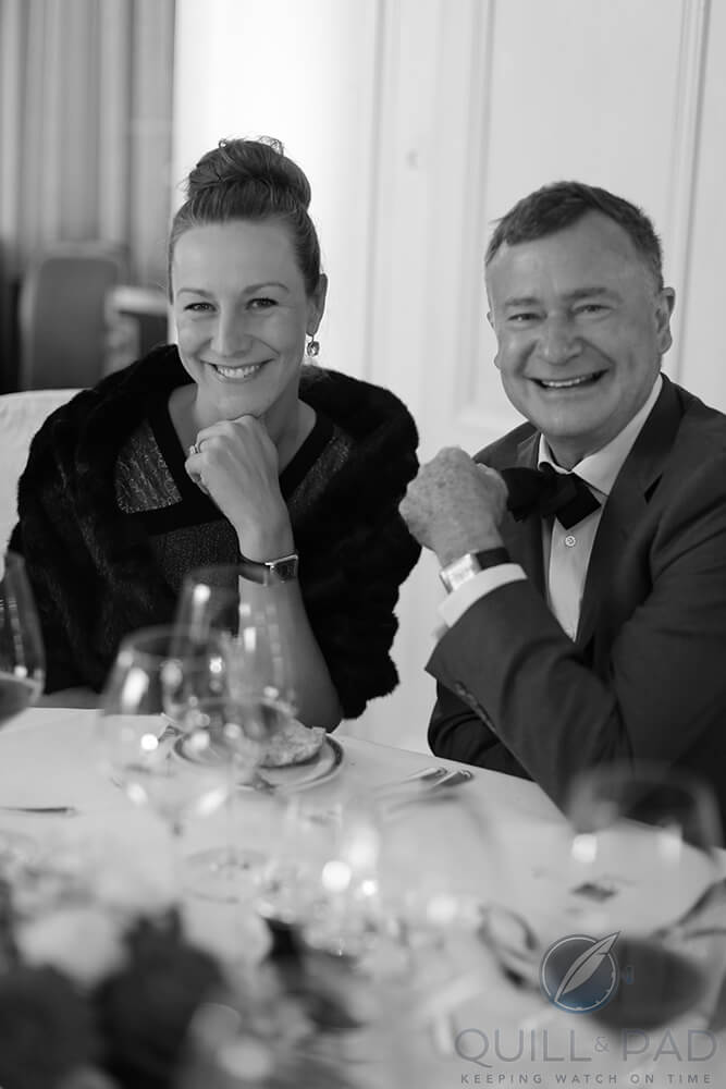 Nola Martim and Ian Skellern wearing Jaeger-LeCoultre Reversos at a dinner event during the 2017 Passione Engadina