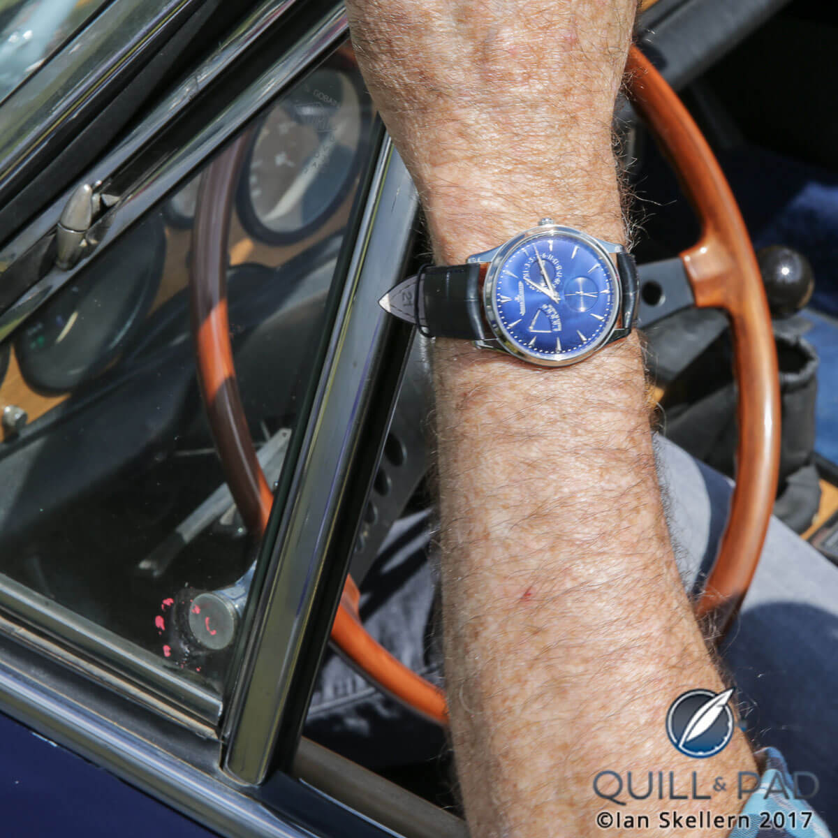 Jaeger-LeCoultre Master Ultra Thin Reserve de Marche on the wrist and ready for action in the 2017 Passione Engadina rally