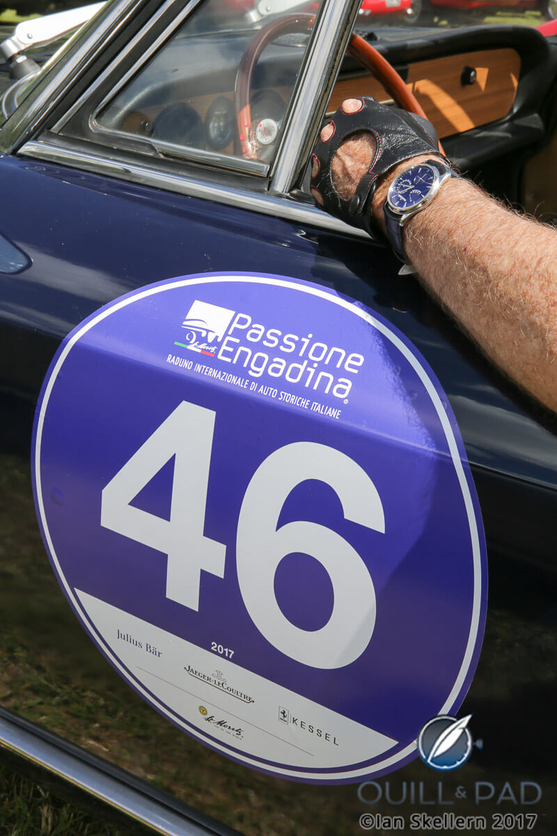 Matching blue hues of the Jaeger-LeCoultre dial, the Passione Engadina sticker, and our Fiat 124 Sport Spider
