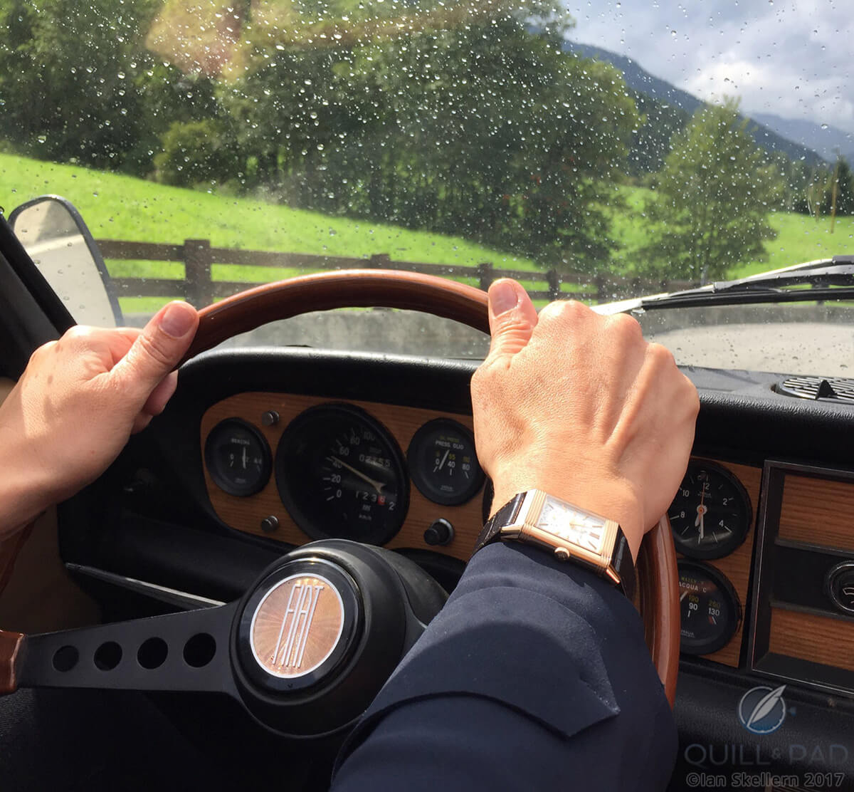 Nola found the Jaeger Le-Coultre Reverso Tribute Duoface in pink gold to be the perfect watch for the 2017 Passione Engadina rally