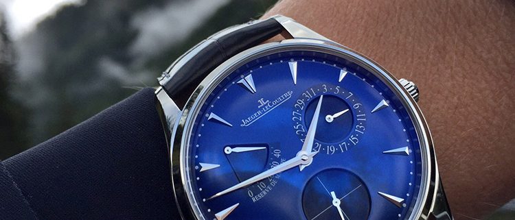 Blue-dialled Jaeger-LeCoultre Master Ultra Thin Reserve de Marche at the start of the 2017 Passione Engadine rally in St. Moritz