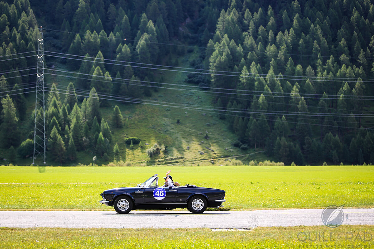 Car 46, Team Quill & Pad, either waving or using highly-sophisticated air-deflection to assist braking in the last Regulation Trial at Passione Engardina 2017