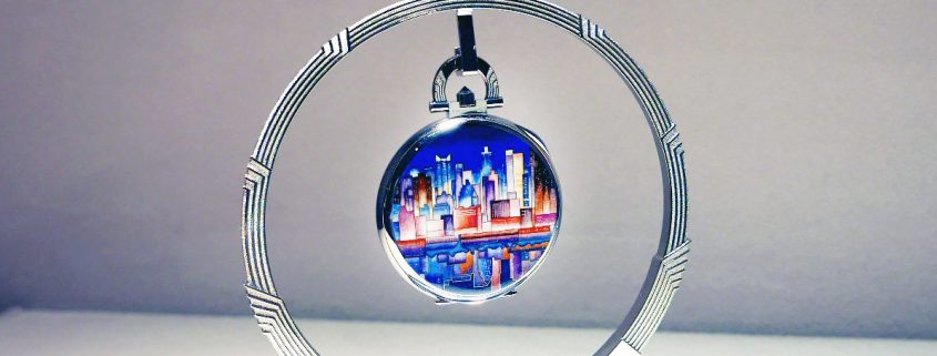 Manhattan from Brooklyn artwork on the back of the unique piece Patek Philippe created for the Art of Watches Grand Exhibition in New York