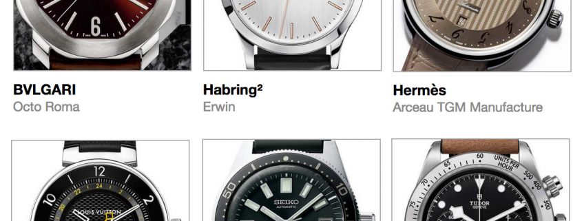 Pre-selected Petite Aiguille watches for the 2017 GPHG above clockwise from top left: Bulgari Octo Roma, Habring2 Erwin, Hermès Arceau TGM Manufacture, Louis Vuitton Tambour Moon GMT Black, Seiko First Diver’s Recreation Limited Edition, and Tudor Black Bay Chrono