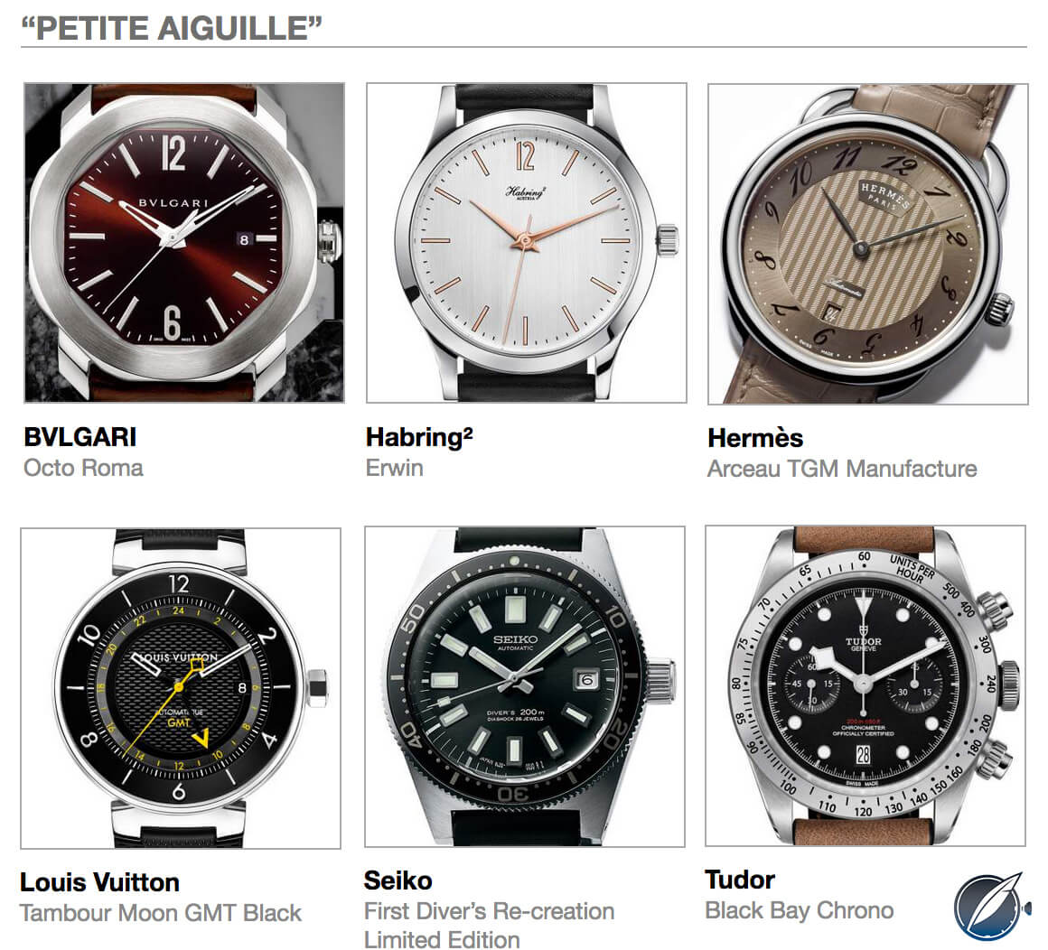Pre-selected Petite Aiguille watches for the 2017 GPHG above clockwise from top left: Bulgari Octo Roma, Habring2 Erwin, Hermès Arceau TGM Manufacture, Louis Vuitton Tambour Moon GMT Black, Seiko First Diver’s Recreation Limited Edition, and Tudor Black Bay Chrono