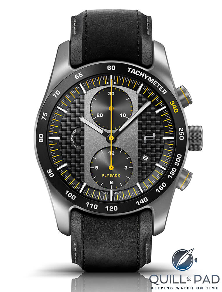 The view of the back of the Porsche Design Porsche 911 GT2 RS flyback chronograph