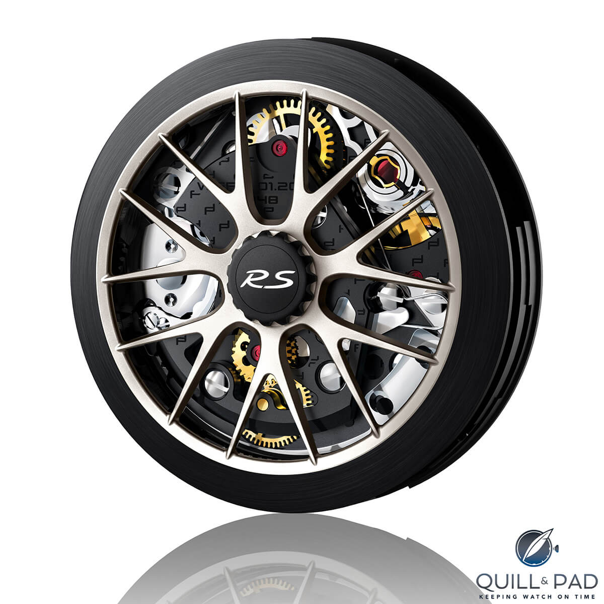 The view of the back of the Porsche Design Porsche 911 GT2 RS flyback chronograph, which looks like a wheel of the supercar: the hub and spokes of the 
