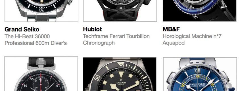Pre-selected Sports watches for the 2016 GPHG above clockwise from top left: Grand Seiko The Hi-Beat 36000 Professional 600m Diver’s, Hublot Techframe Ferrari Tourbillon Chronograph, MB&F Horological Machine No7 Aquapod, Montblanc TimeWalker Chronograph Rally Timer Counter Limited Edition 100, Tudor Pelagos LHD, and Ulysse Nardin Marine Regatta