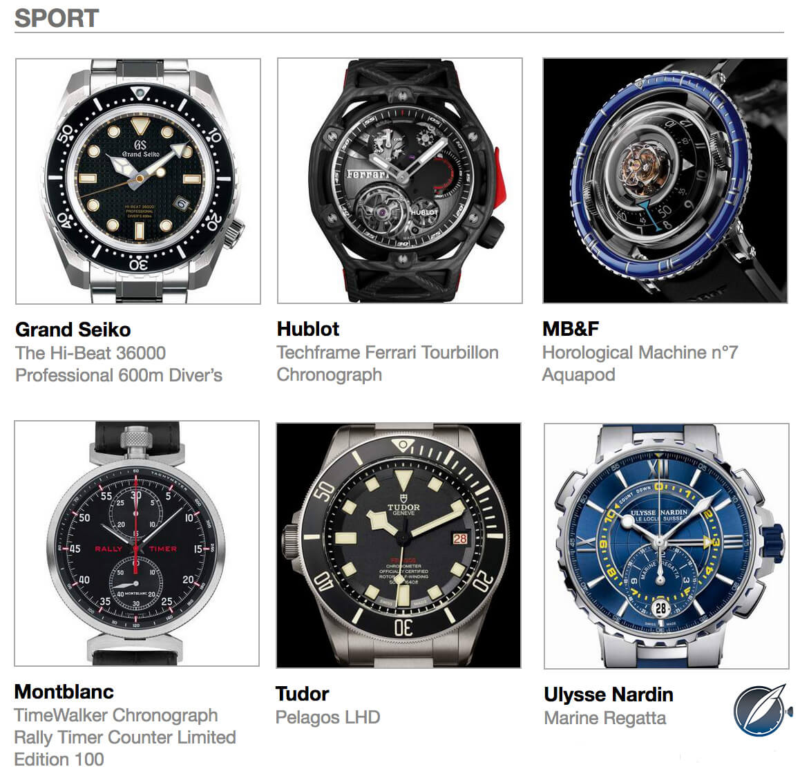 Pre-selected Sports watches for the 2017 GPHG above clockwise from top left: Grand Seiko The Hi-Beat 36000 Professional 600m Diver’s, Hublot Techframe Ferrari Tourbillon Chronograph, MB&F Horological Machine No7 Aquapod, Montblanc TimeWalker Chronograph Rally Timer Counter Limited Edition 100, Tudor Pelagos LHD, and Ulysse Nardin Marine Regatta