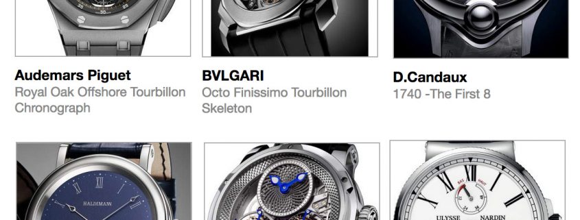 pre-selected Tourbillon watches for the 2017 GPHG are, clockwise from top left above: Audemars Piguet Royal Oak Offshore Tourbillon Chronograph, Bulgari Octo Finissimo Tourbillon Skeleton, David Candaux 1740 – The First 8, Beat Haldimann Central Balance Pure H12, Louis Moinet Mobilis, and Ulysse Nardin Marine Tourbillon
