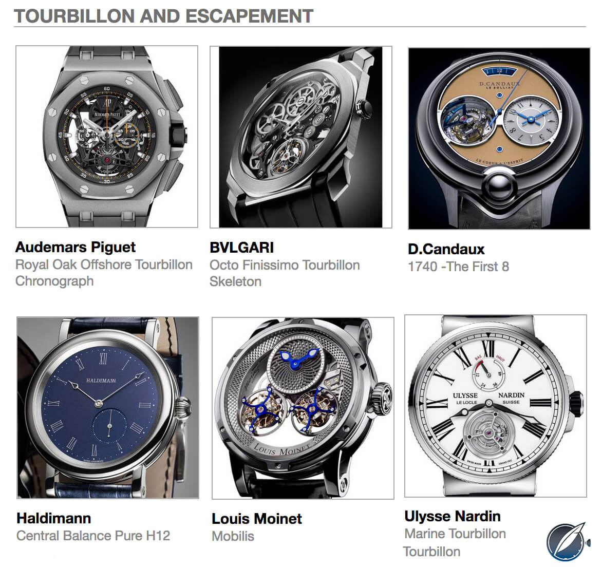 pre-selected Tourbillon watches for the 2017 GPHG are, clockwise from top left above: Audemars Piguet Royal Oak Offshore Tourbillon Chronograph, Bulgari Octo Finissimo Tourbillon Skeleton, David Candaux 1740 – The First 8, Beat Haldimann Central Balance Pure H12, Louis Moinet Mobilis, and Ulysse Nardin Marine Tourbillon