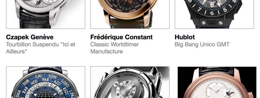 pre-selected Travel Time watches for the 2017 GPHG are, clockwise from top left above: Czapek Genève Tourbillon Suspendu Ici et Ailleurs, Frédérique Constant Classic Worldtimer Manufacture, Hublot Big Bang Unico GMT, Louis Vuitton Escale Time Zone Blue, Manufacture Royale ADN Jumping Disk, and Parmigiani Fleurier Toric Hémisphères Rétrograde