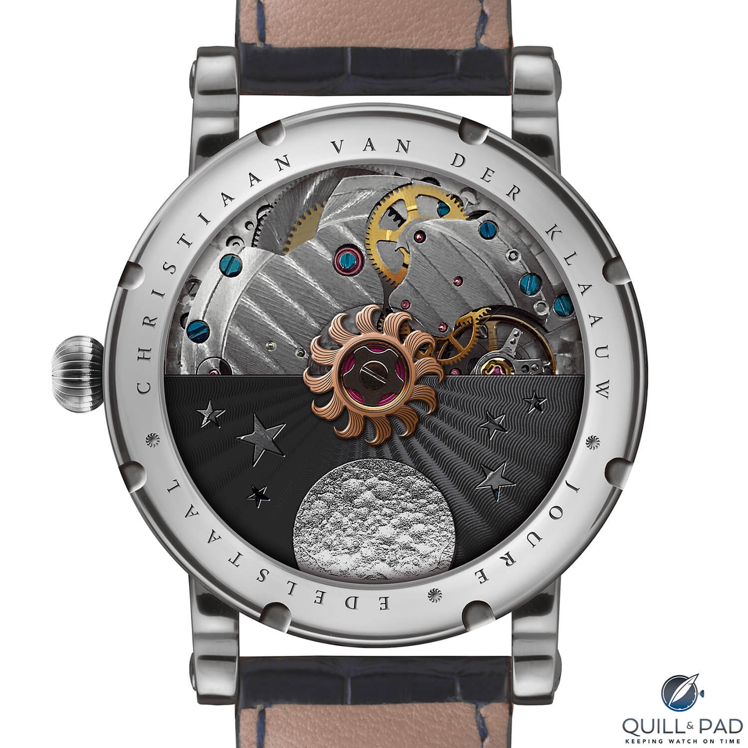 Ornately astronomical rotor and nicely finished movement visible through the display back of the Christiaan Van Der Klaauw Real Moon Joure Horizon