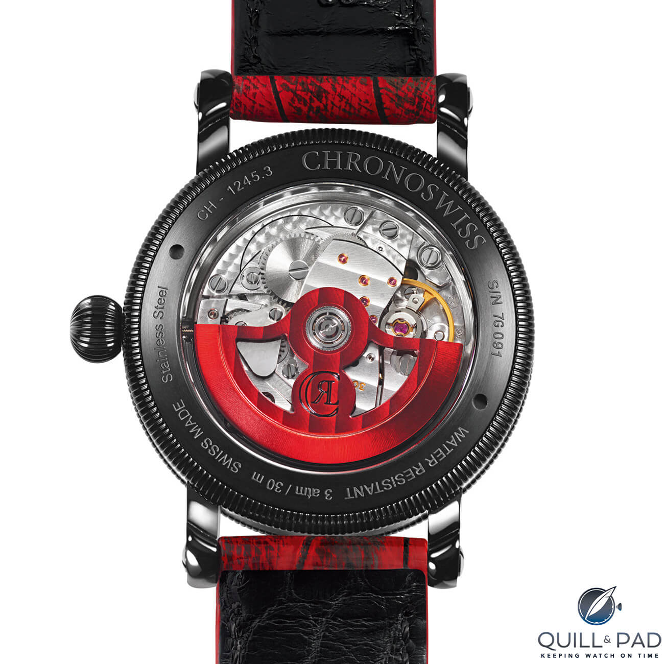 View through the display back to the bright red automatic winding rotor of the Chronoswiss Flying Regulator Red Passion for Only Watch 2017