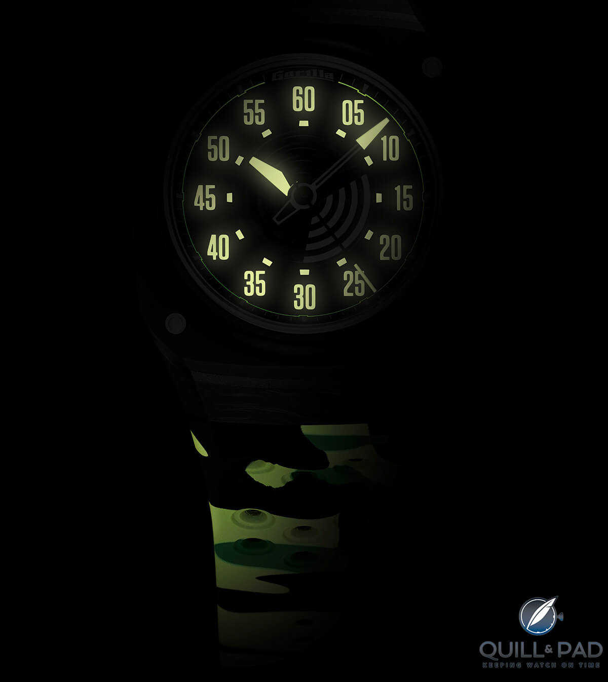 Lume attack! Gorilla Fastback Phantom Black with camouflage-styled silicone strap glowing in the dark