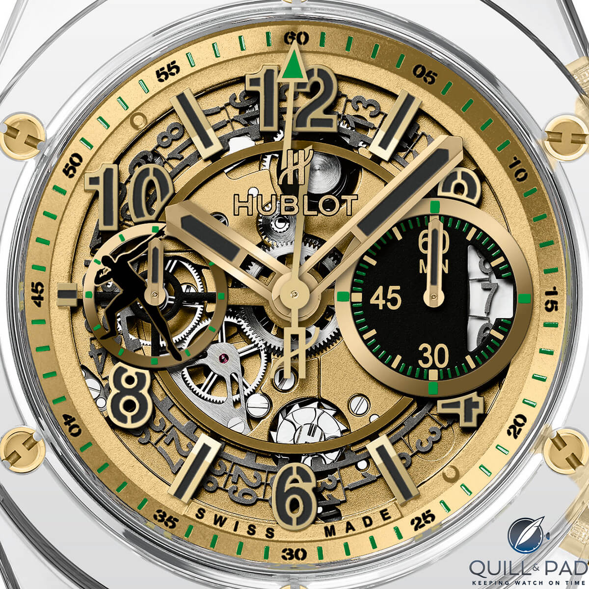Close up look at the dial of the Hublot Big Bang Unico Sapphire Usain Bolt Only Watch 2017