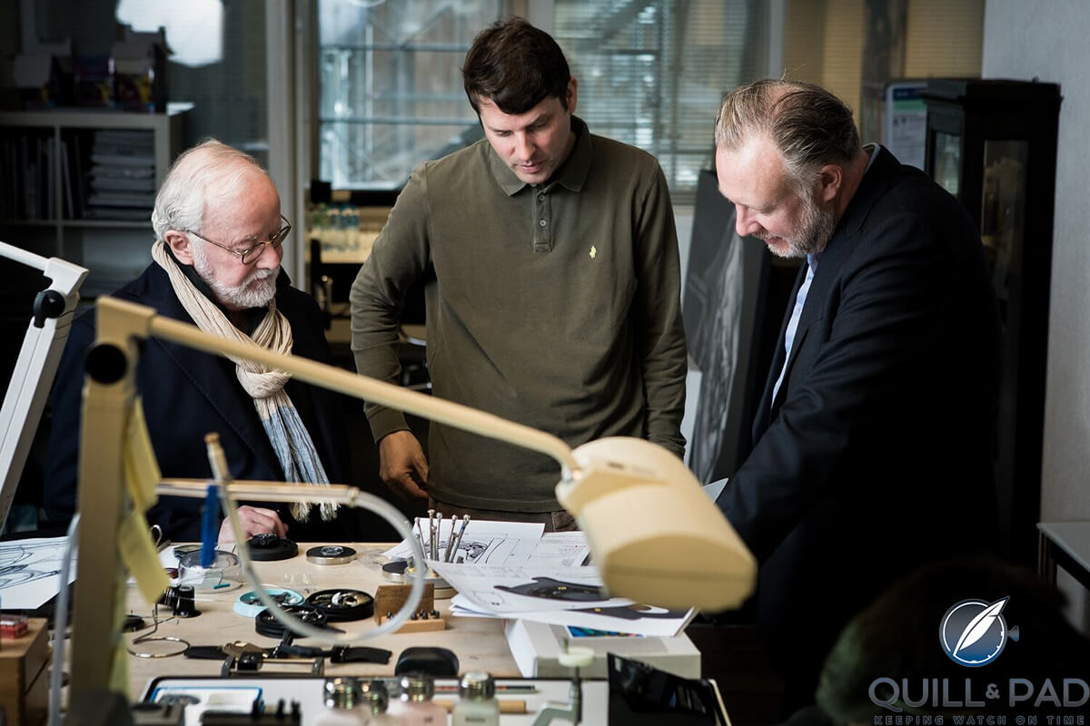 Laurent Ferrier, Felix Baumgartner, and Martin Frei at work on the Laurent Ferrier x Urwerk Arpal One for Only Watch 2017