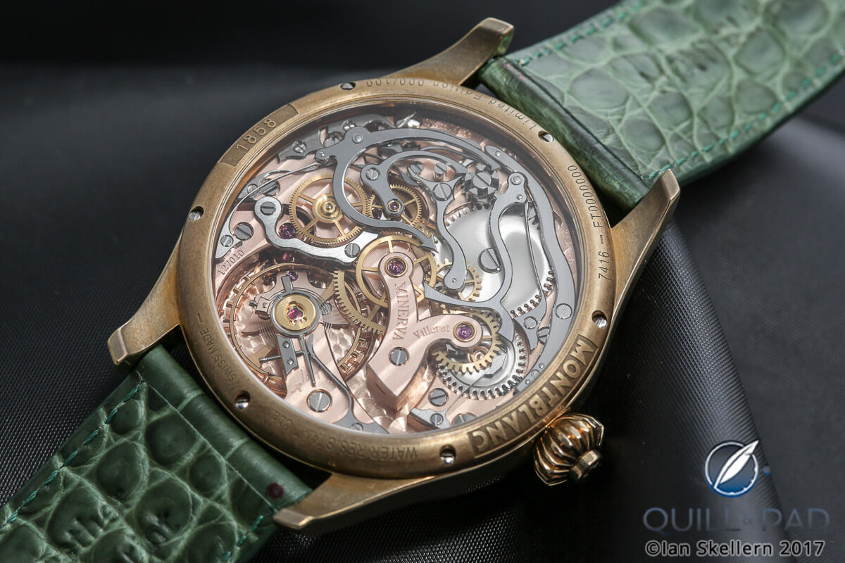 View through the display back of the Montblanc 1858 Chronograph Tachymeter Unique Piece for Only Watch 2017 to the beautiful red gold Calibre MB-M16.29 chronograph movement