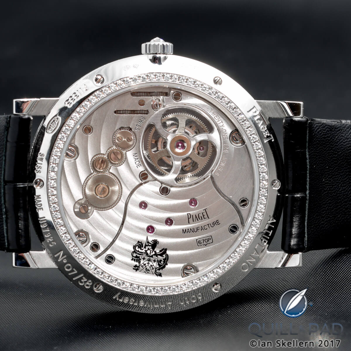 View through the display back to the Caliber 670P flying tourbillon movement powering the Piaget Altiplano Tourbillon High Jewellery