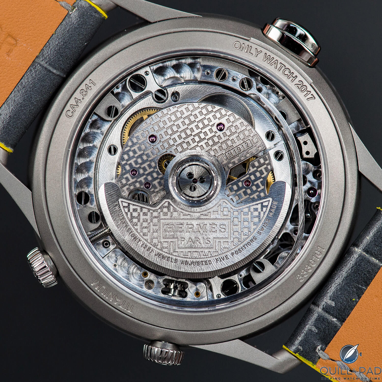 Automatic Hermès Caliber H1912 with “impatient hour” module visible through the display back of the Hermès Slim d’Hermès L’Heure Impatiente unique piece for Only Watch 2017