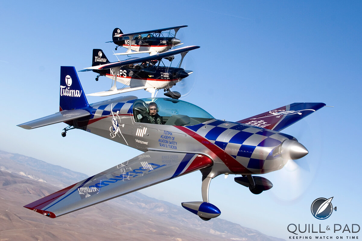 Sean D. Tucker, famous aerobat, flying his Tutima-emblazoned plane over California; Tucker is Tutima’s longest standing and most involved marketing ambassadorship (photo courtesy Jessica Ambats)
