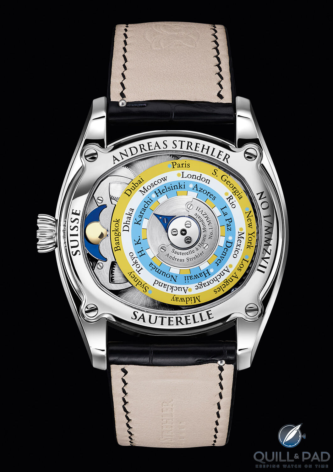The 24-hour time zone indication and moon phase display on the back of the Andreas Strehler Sauterelle à Heure Mondiale