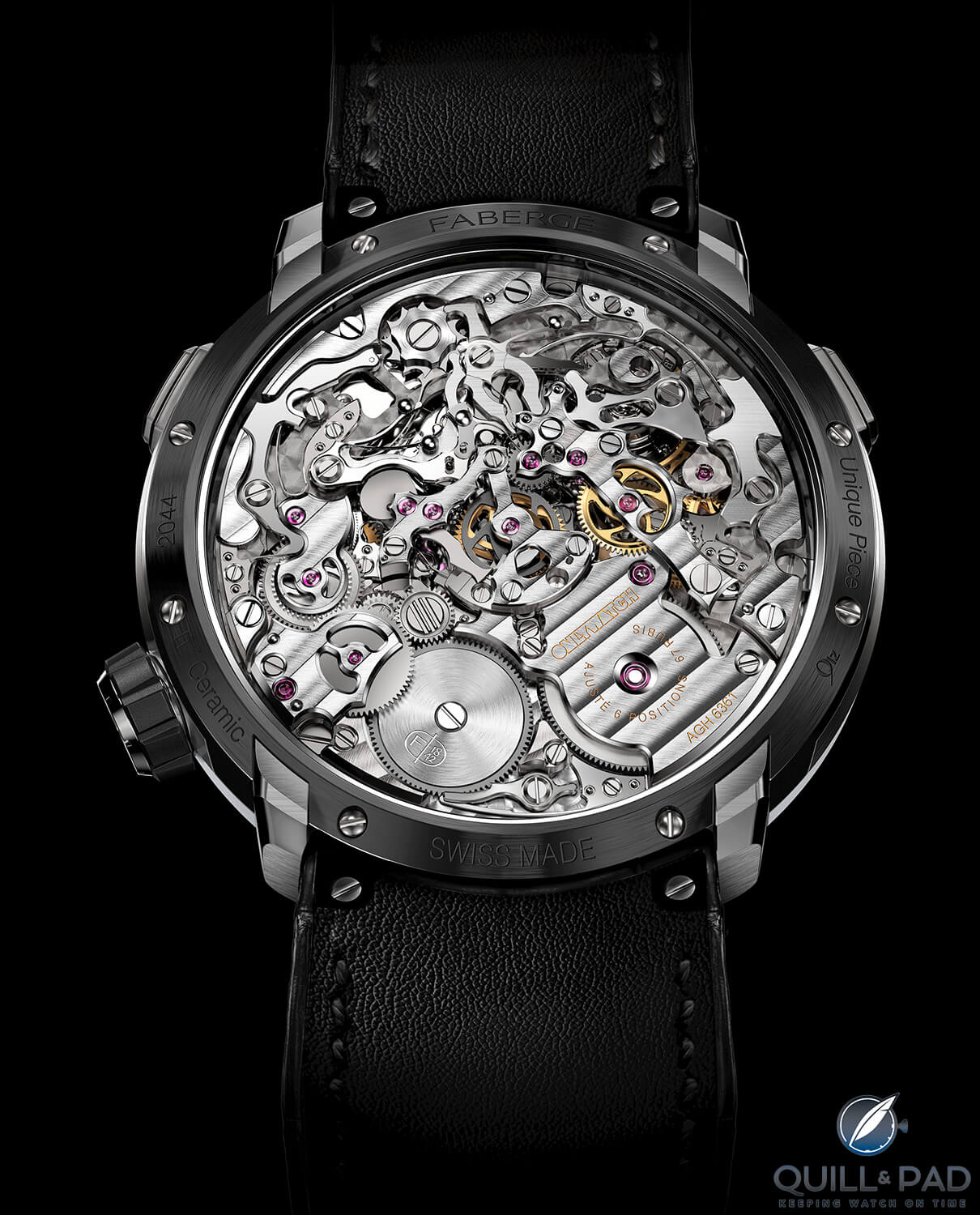 View through the display back to the beautifully finished Agengraphe movement in the Fabergé Visionnaire Chronograph for Only Watch 2017