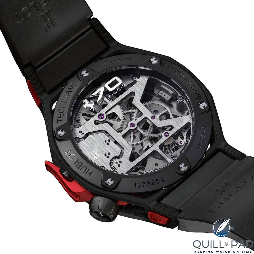 Back of the Hublot Techframe Ferrari Tourbillon Chronograph