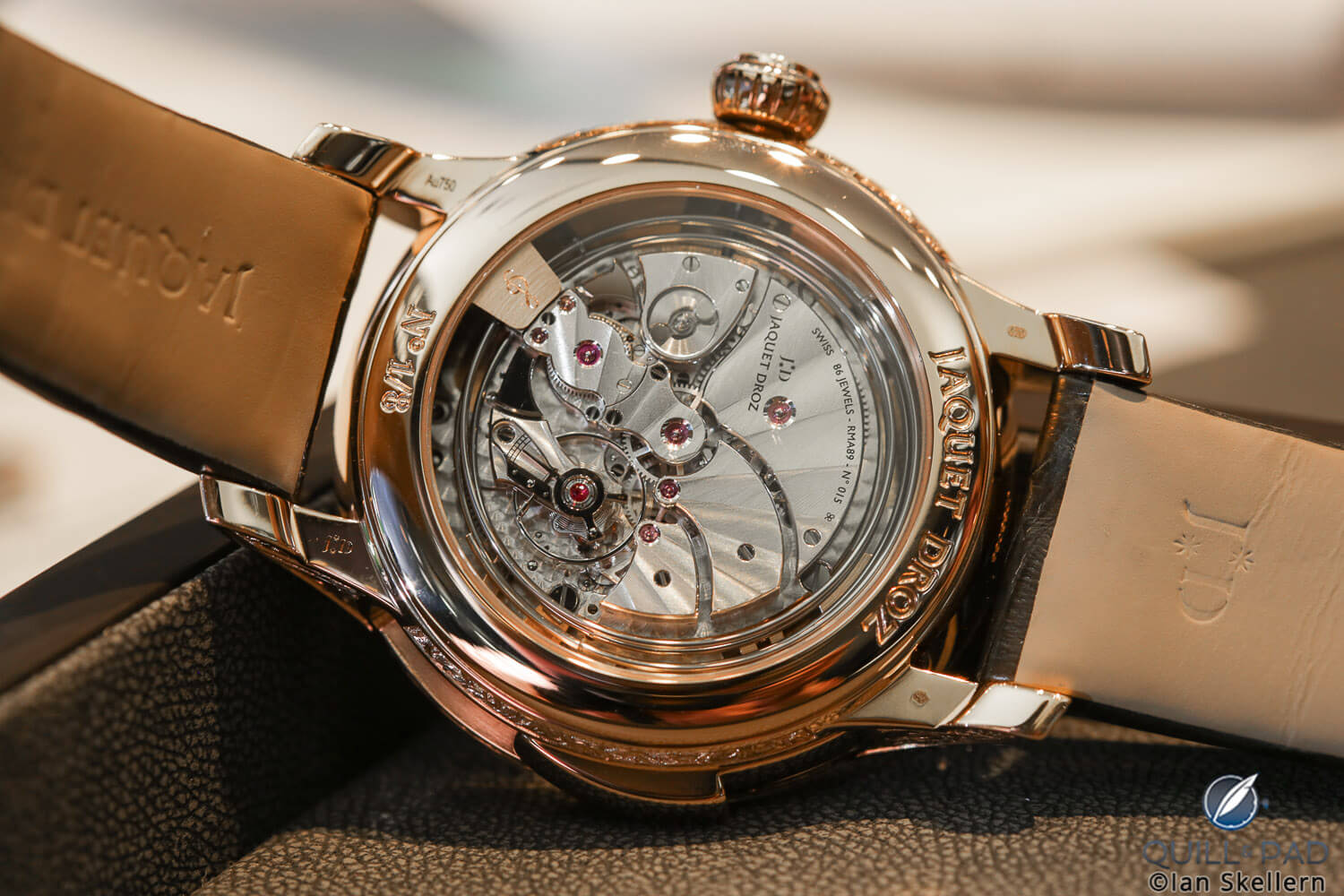 View through the display back to the minute repeater movement powering the Jaquet Droz Tropical Bird Repeater