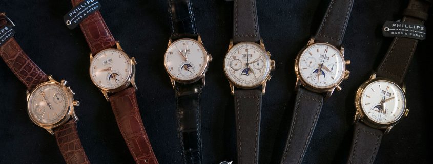 Tasty tray: an assortment of vintage Patek Philippe delights at Phillips, with the author’s Reference 1526 third from left