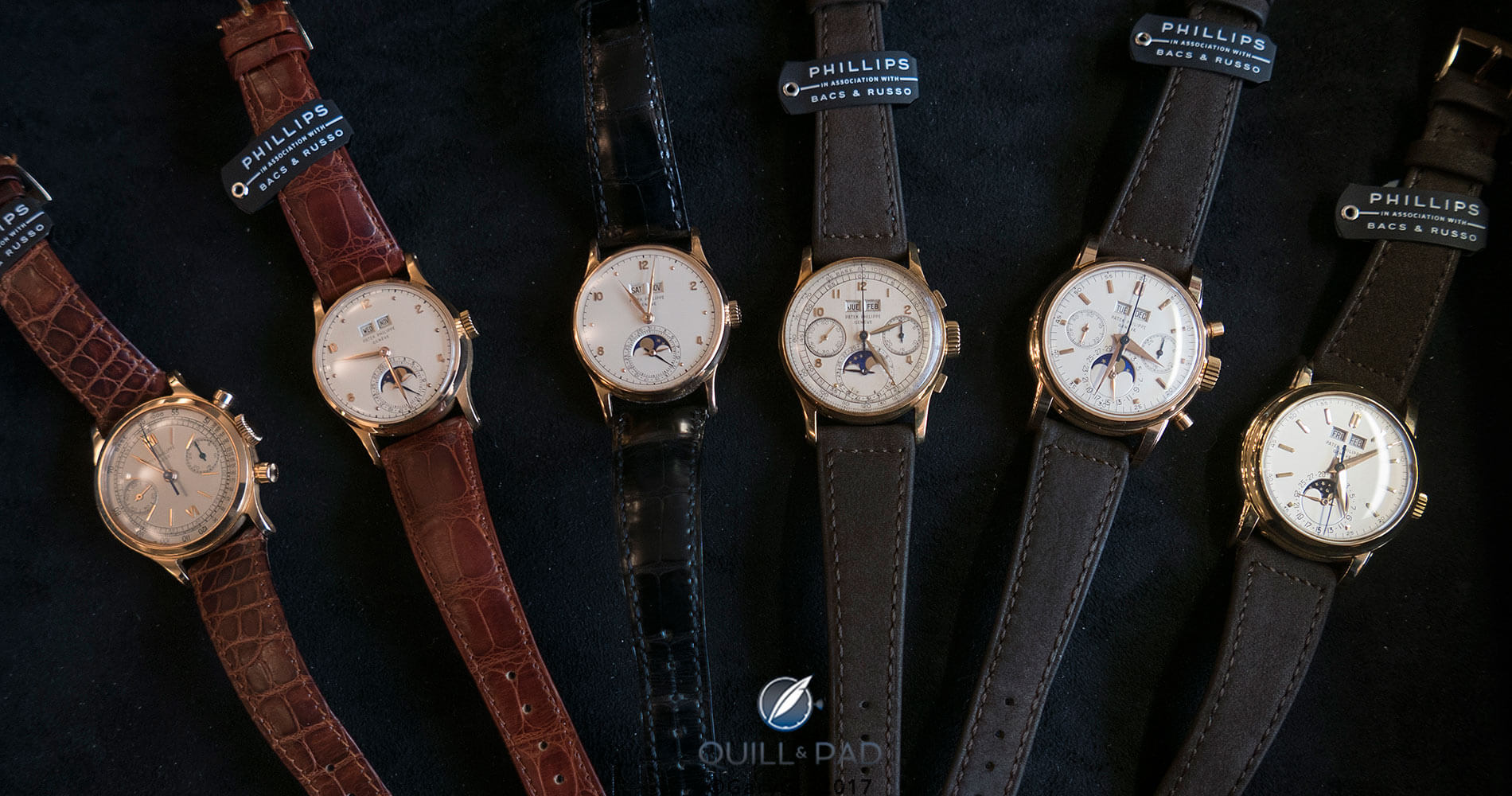 Tasty tray: an assortment of vintage Patek Philippe delights at Phillips, with the author’s Reference 1526 third from left