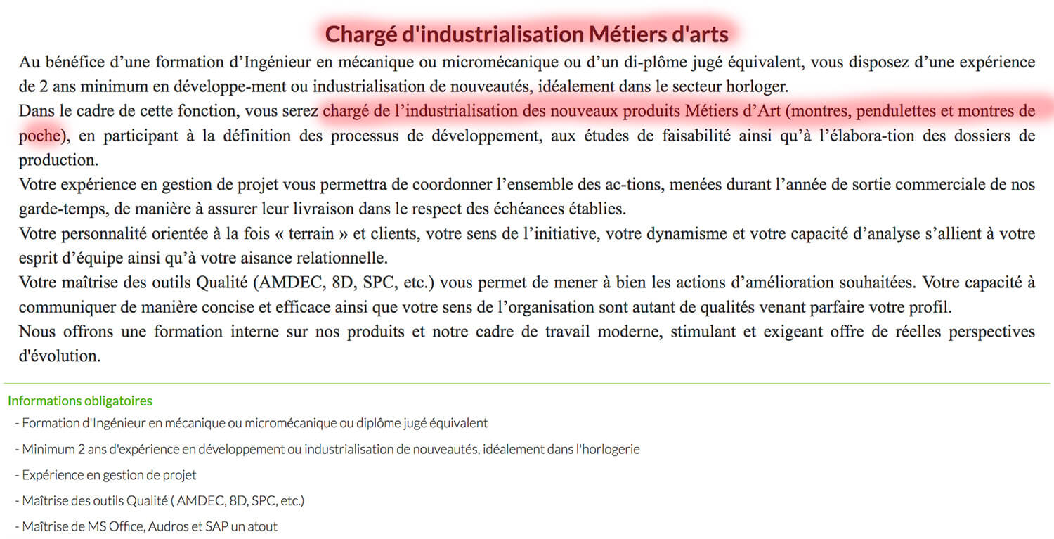 Watch brand advert for a 'chargé d'industrialization métiers d'art'