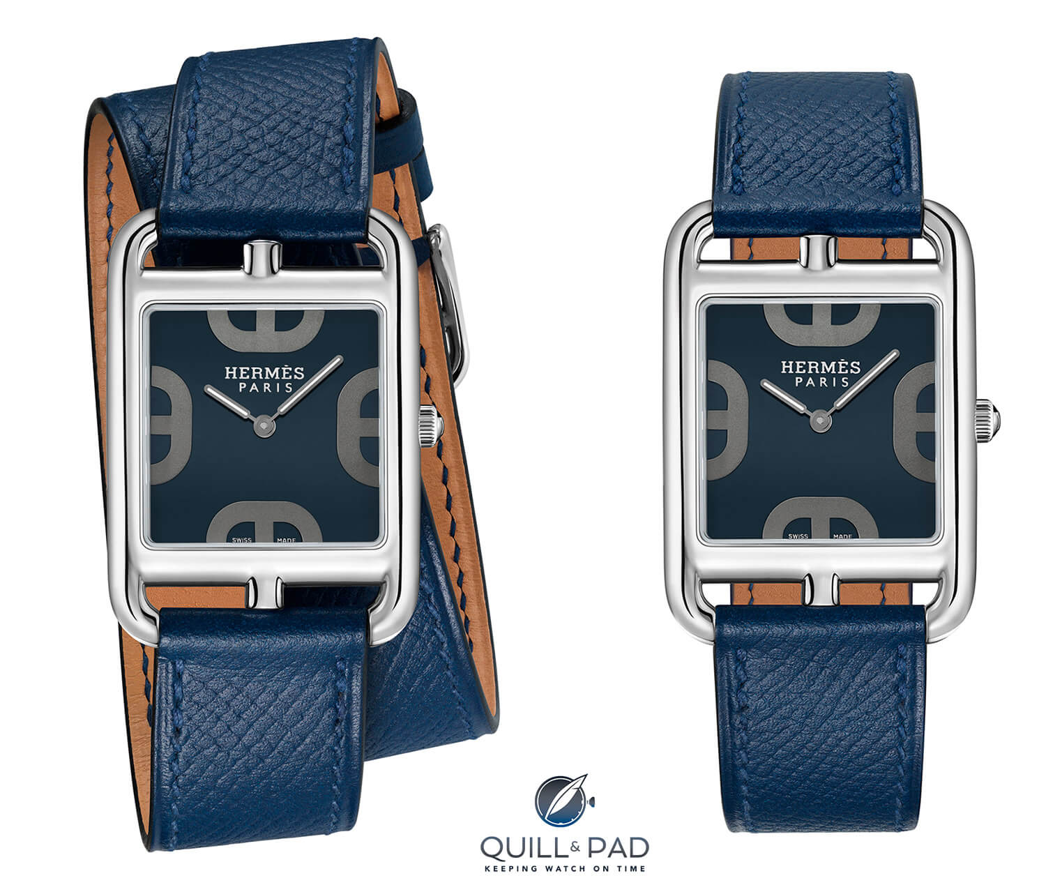 Hermès Cape Cod GM Cadran Maillon Chaîne d’Ancre blue with double wrap (left) and single wrap straps