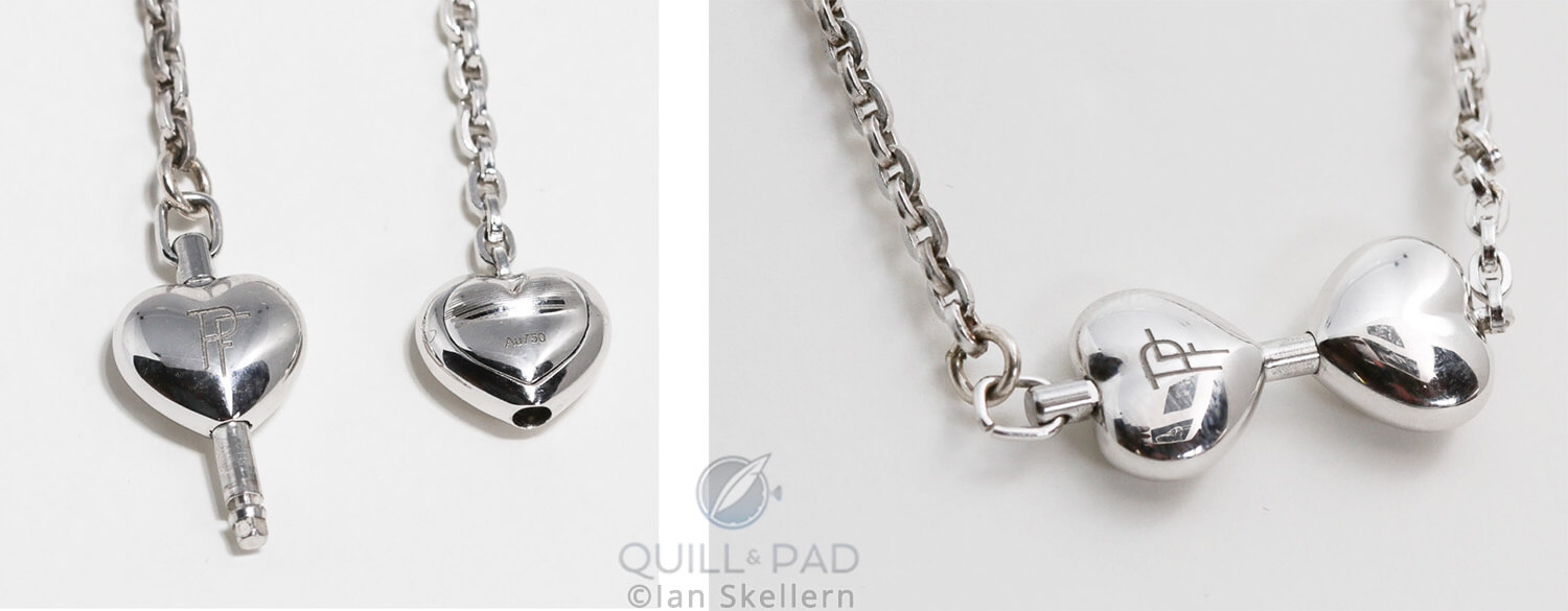 The clasp of Heart's Passion (right) becomes the winding key