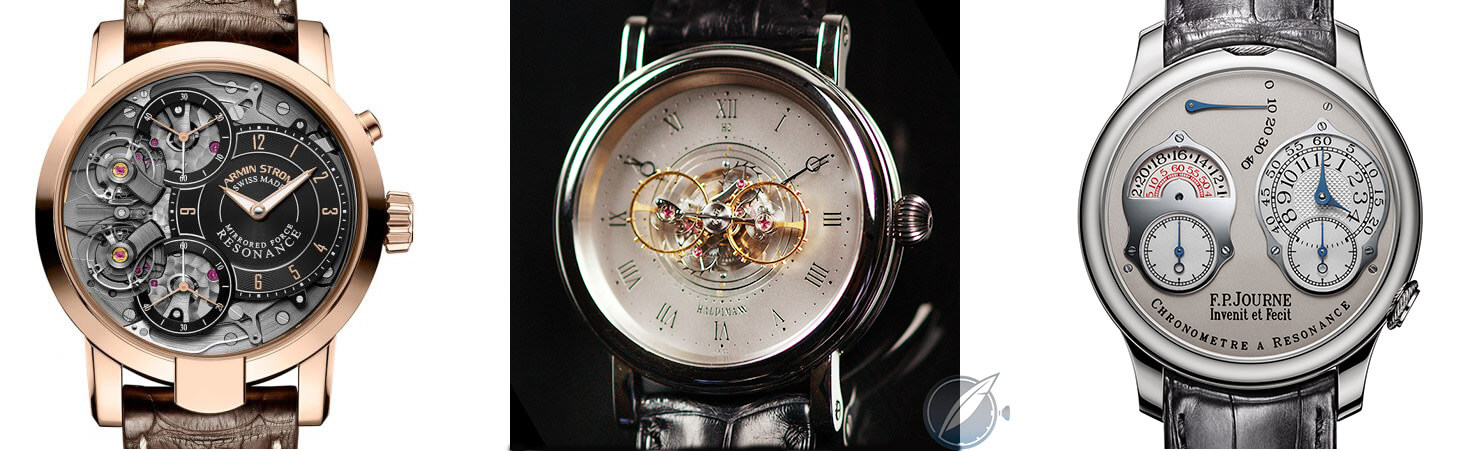 Resonance wristwatch trio: Armin Strom Mirrored Force Resonance, Haldimann H2 Flying Resonance, and F.P. Journe Chronomètre à Résonance