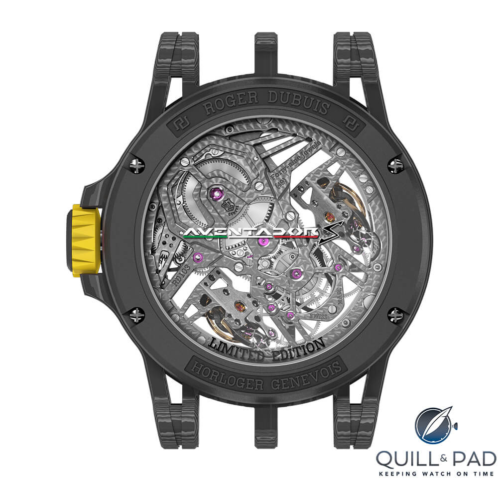 View through the display back of the Roger Dubuis Excalibur Aventador S