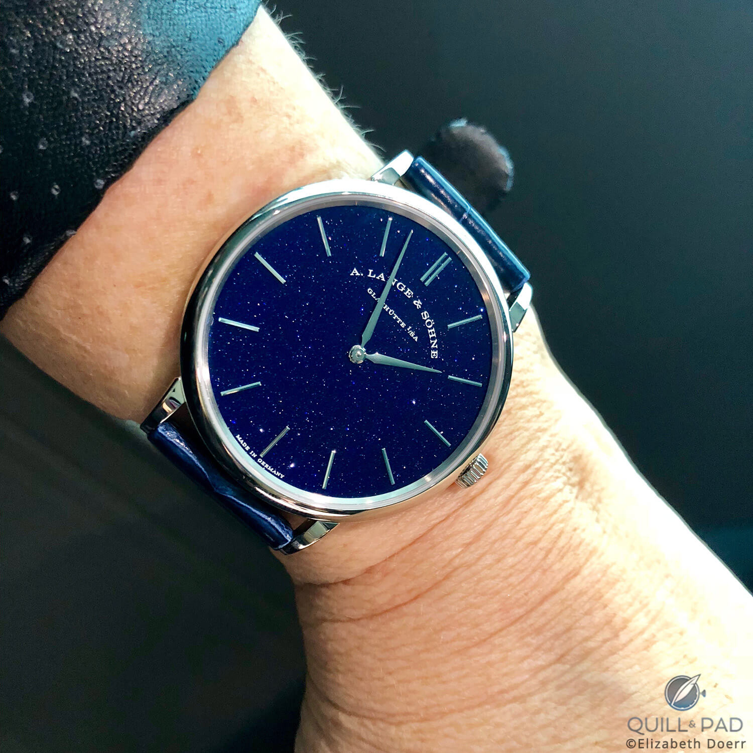 A. Lange & Söhne Saxonia Thin with aventurine dial on teh wrist