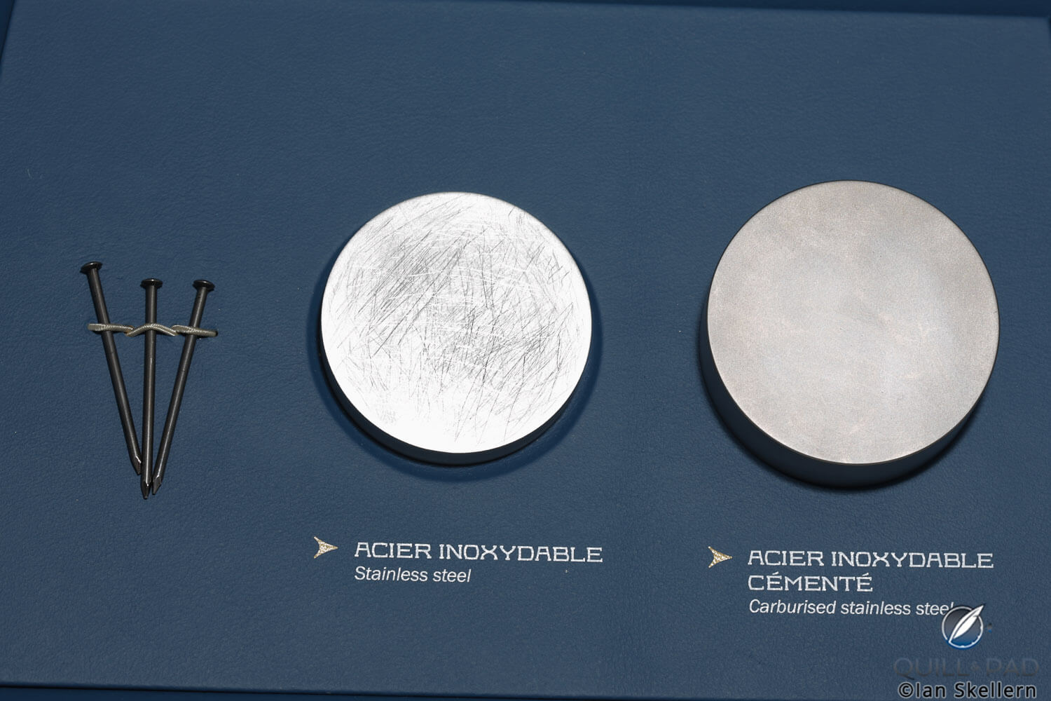 Scratch test: after days of SIHH scratching nails against these two disks of stainless steel and carburized stainless steel, the result is clear