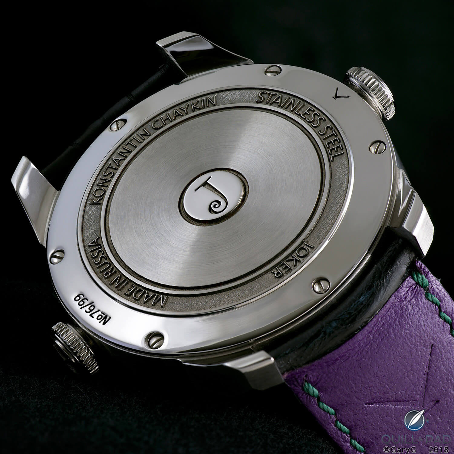 Visual interest: laser-engraved case back of the Konstantin Chaykin Joker