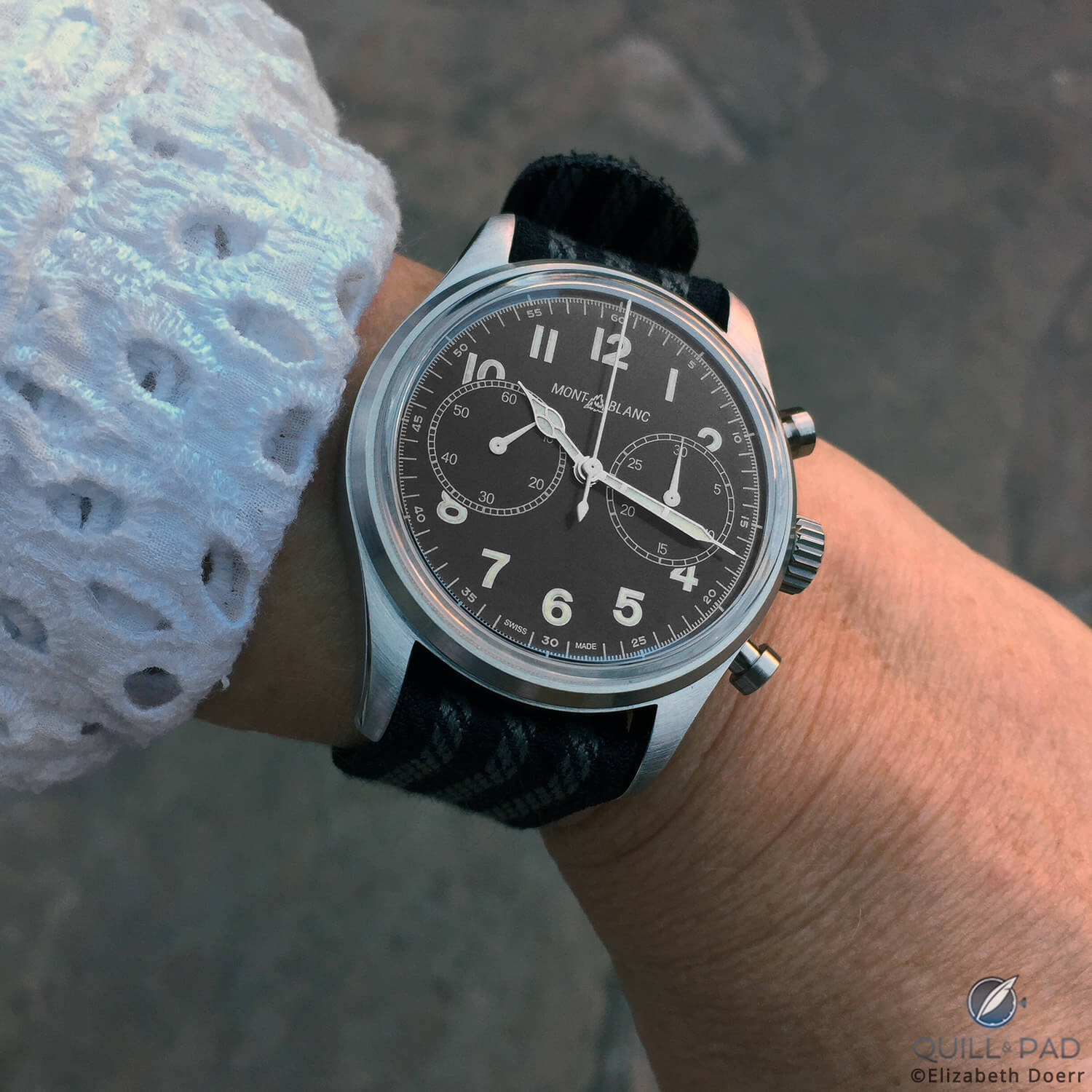 Montblanc 1858 Automatic Chronograph with black dial on the wrist