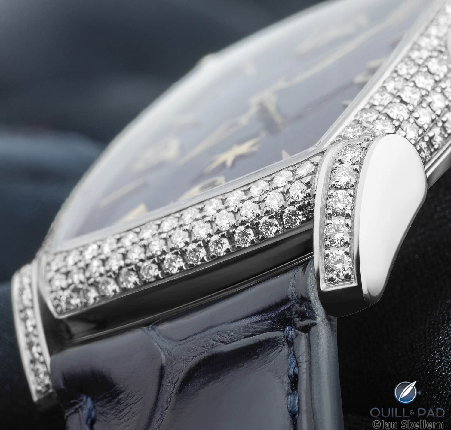 A close look at the diamond set case and lugs of the Parmigiani Fleurier Kalparisma Nova Galaxy