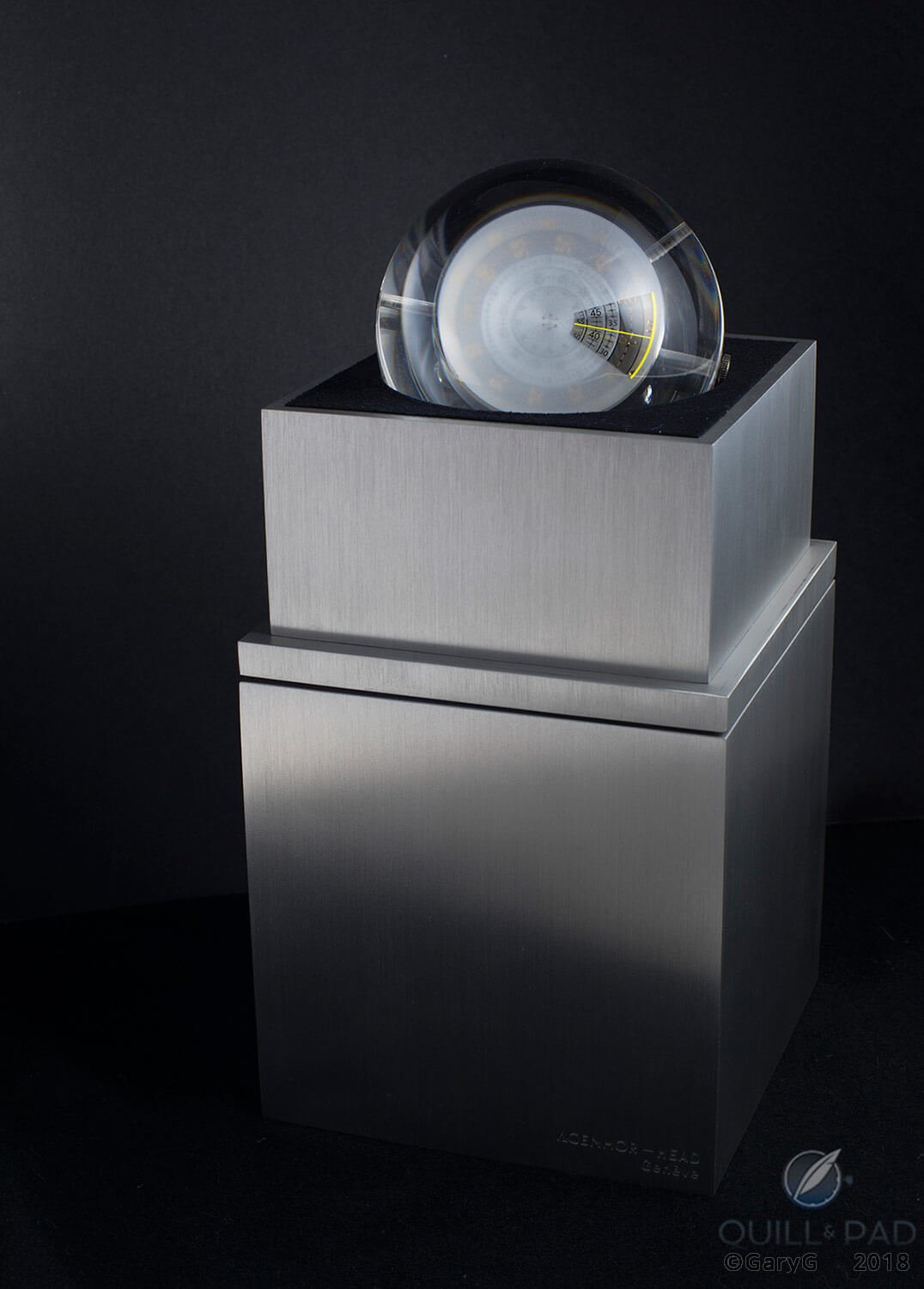 The Agenhor-HEAD Genève Carpe Diem Only Watch on its display stand that doubles as a protective case