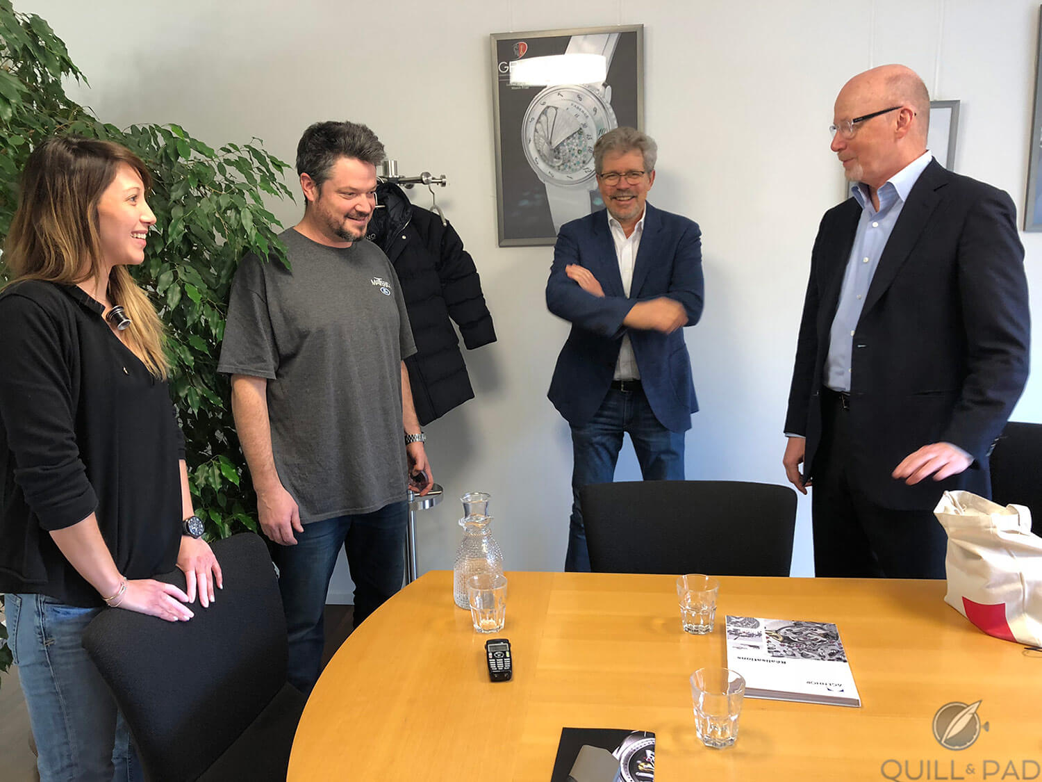 Meet the makers: the author (right) with Agenhor head Jean-Marc Wiederrecht (second from right) and the watchmakers who assembled the Carpe Diem clock (photo courtesy AllenS)