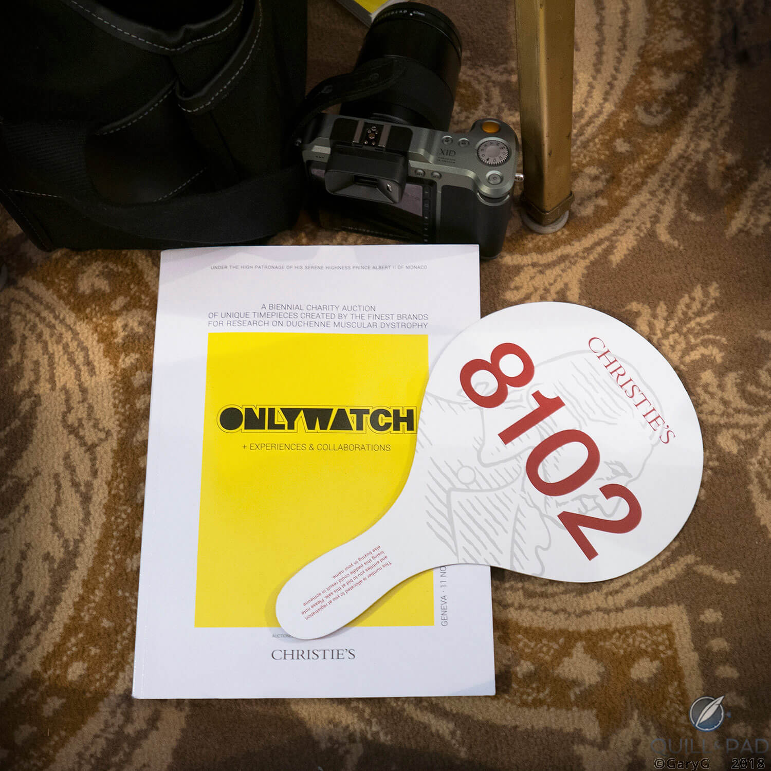 Ready to bid: the author's auction program, bidder's paddle, and camera close at hand