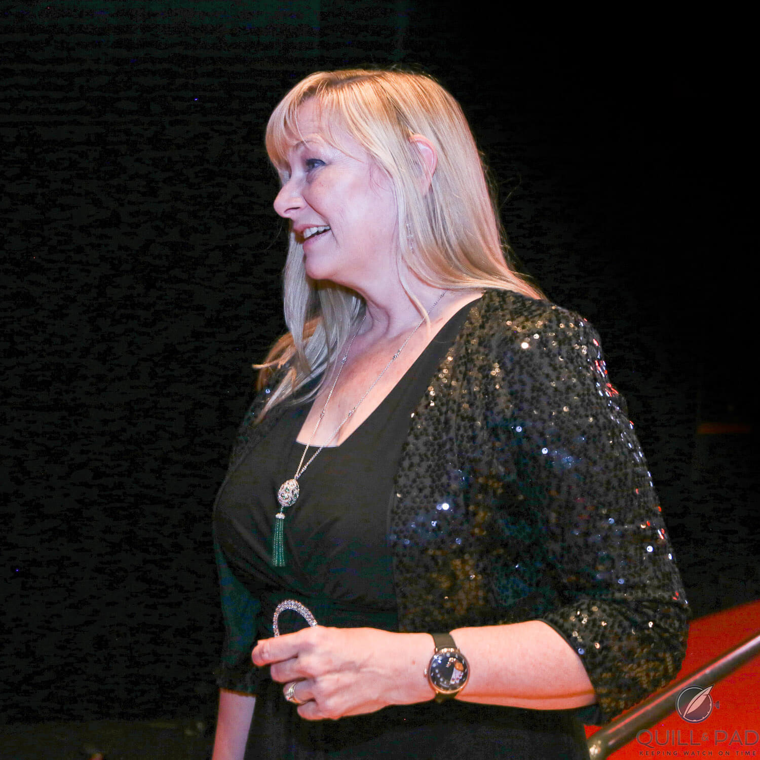 Elizabeth Doerr at the 2017 GPHG wearing a Fabergé Imperatrice Emerald Tassel Pendant and Lady Compliquee Peacock Black watch